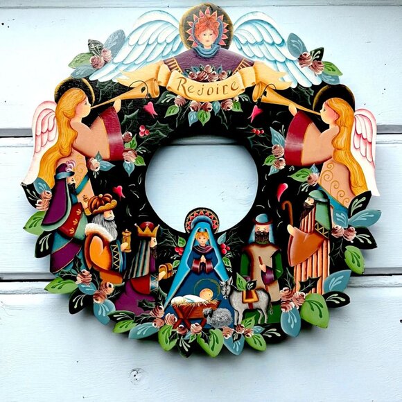 Hand-Painted Christmas Nativity Scene Wooden Folk Art Wreath Wall Art - Picture 1 of 7